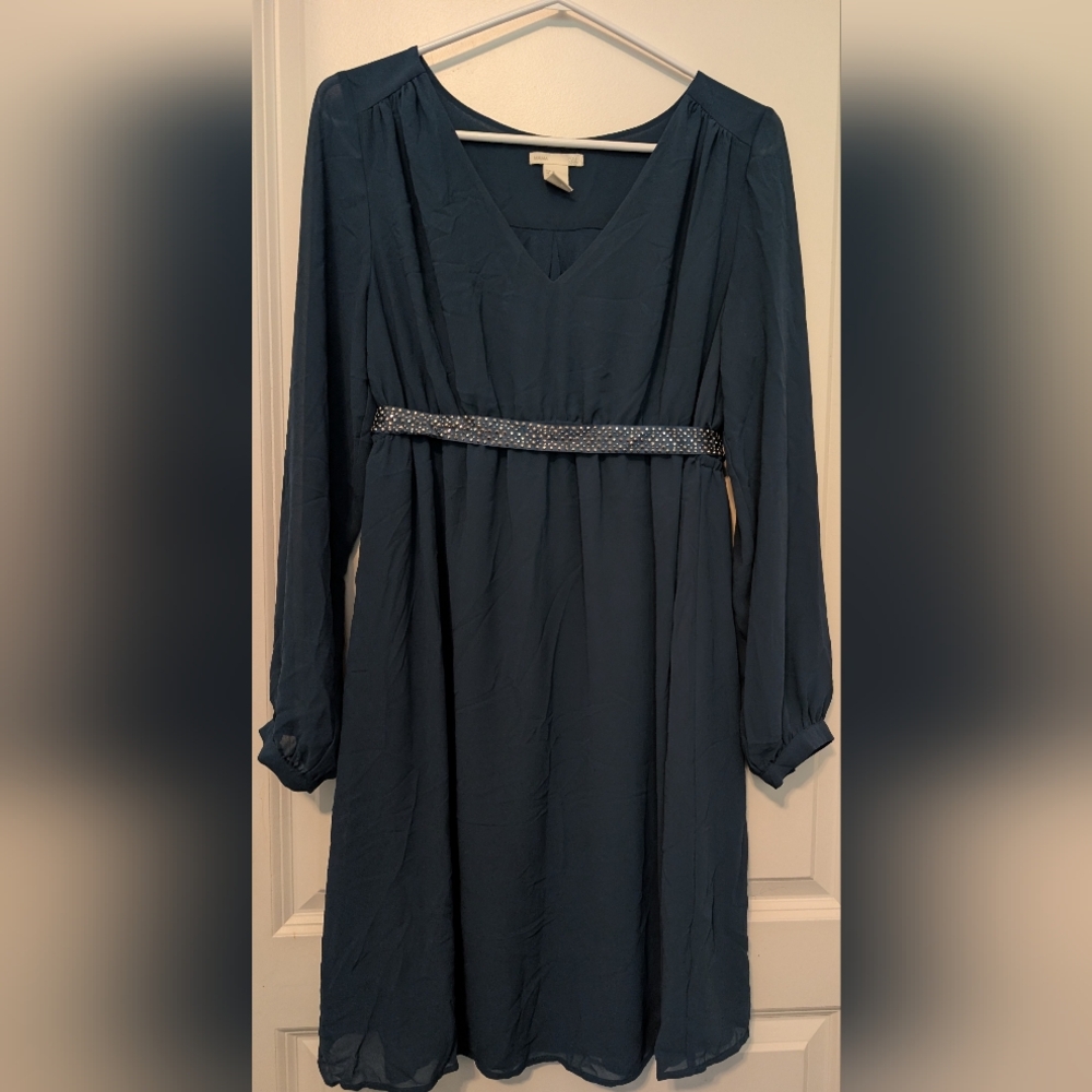 H&M Mama Maternity Dress Size M Elegant Embellished Belt, Sheer Sleeves,Lined